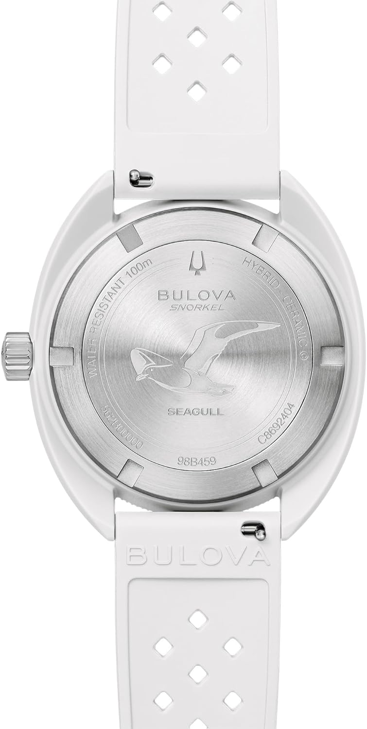 Bulova Oceanographer Snorkel Amazon Exclusive Ceramic Case and White Perforated Rubber Strap Watch, Day Date 100M WR