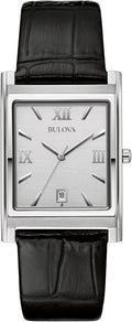 Bulova Men's Stainless Steel 3-Hand Calendar Date Quartz Watch with Black Leather Strap, Rectangle Dial Style: 96B107