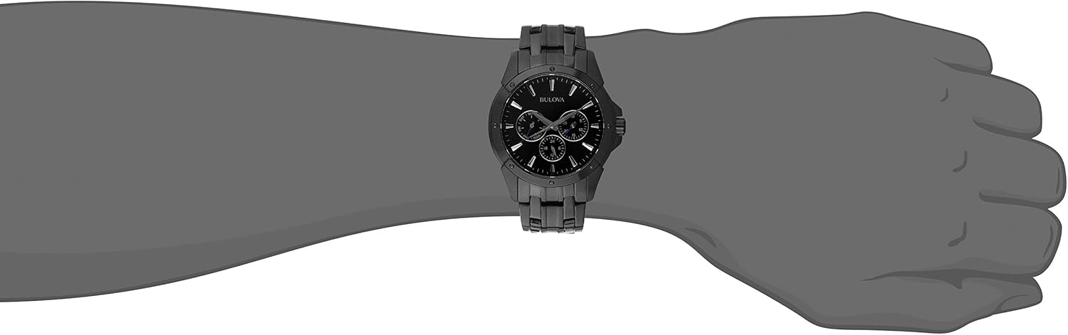 Bulova Men's Classic Dress 6-Hand Multi-Function Day/Date Quartz Watch, Black Patterned Dial, 43mm