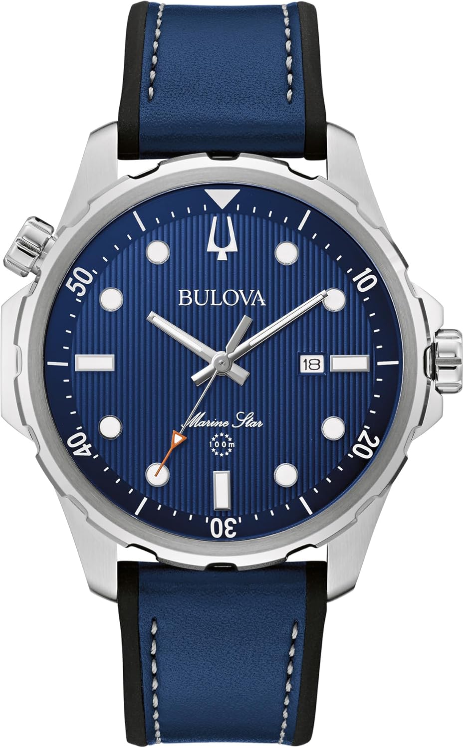 Bulova Men's Marine Star Quartz Silver Stainless Steel Watch, Leather and Silicone Strap, 100M Water Resistant, 43mm