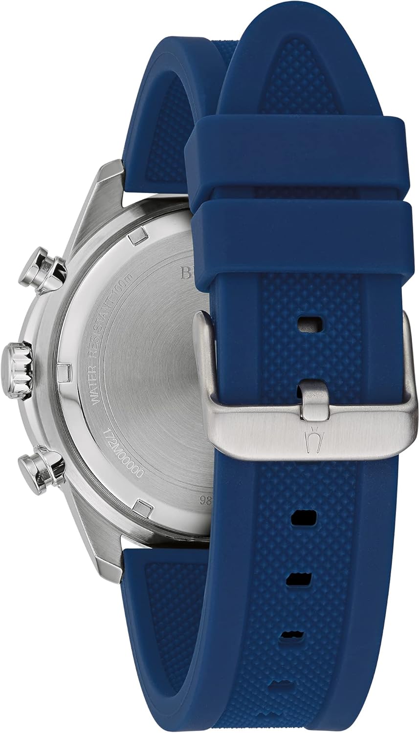 Bulova Men's Sport 6-Hand Chronograph Quartz Watch with Silicone Strap, 24 Hour Time, Calendar Date, Luminous Hands and Markers, 100M Water Resistant, 44mm Style: 98A288