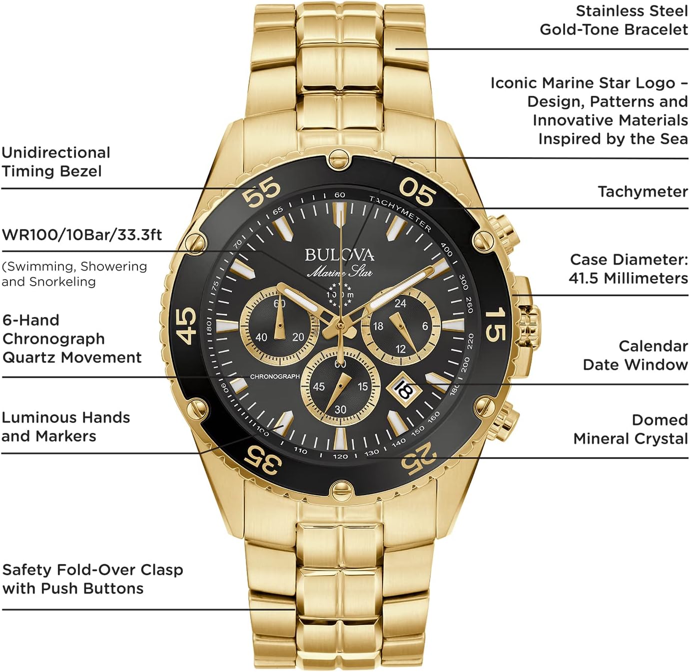 Bulova Men's Marine Star Gold Chronograph Stainless Steel Watch, Black Dial Style: 98B406
