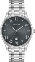 Bulova Men's Classic Stainless Steel 3-Hand Date Calendar Quartz Watch, Grey Dial with Roman Numeral Markers Style: 96B261