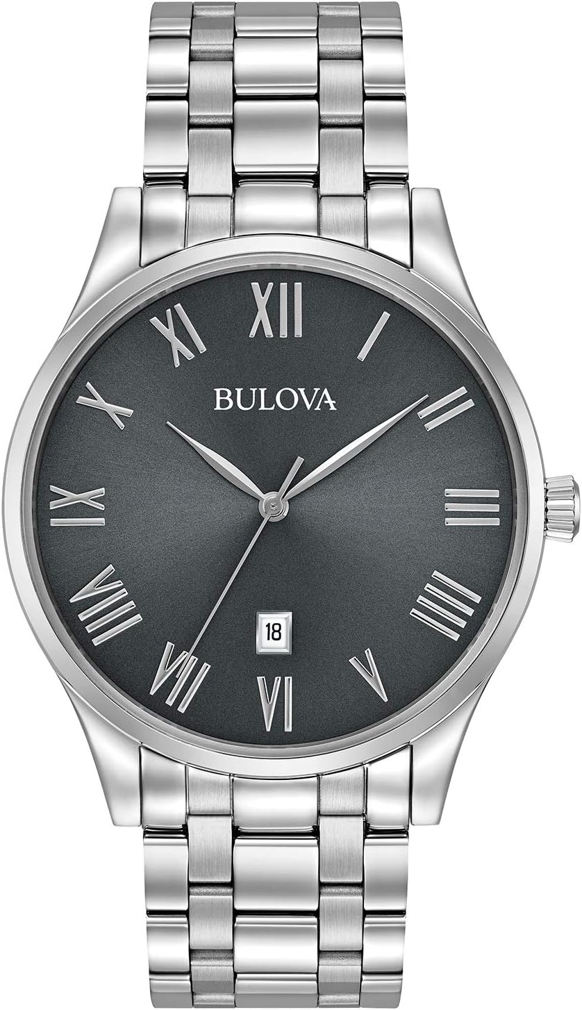 Bulova Men's Classic Stainless Steel 3-Hand Date Calendar Quartz Watch, Grey Dial with Roman Numeral Markers Style: 96B261