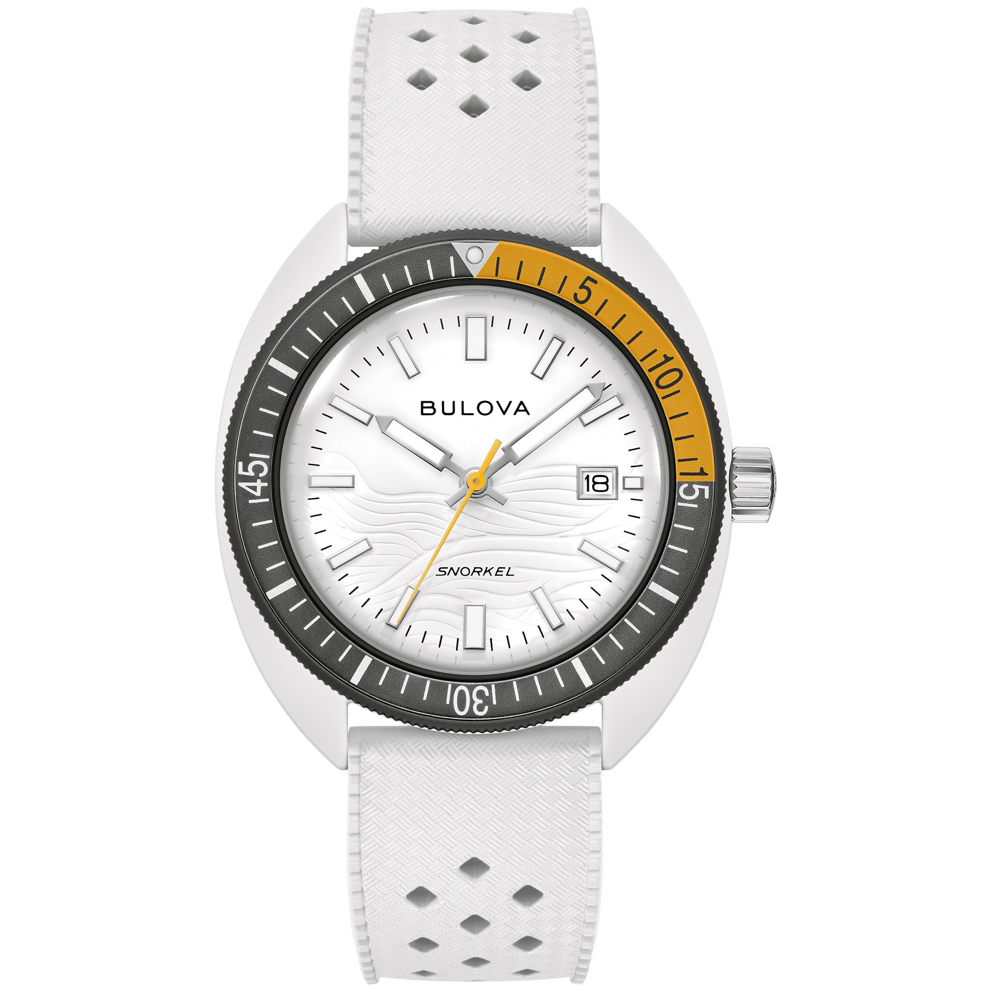 Bulova Oceanographer Snorkel Amazon Exclusive Ceramic Case and White Perforated Rubber Strap Watch, Day Date 100M WR