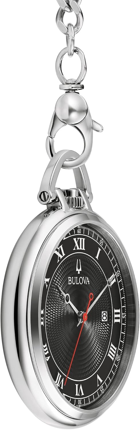 Bulova Classic Pocket Watch 3-Hand Date Quartz Stainless Steel, Black Dial with Detachable Chain Style: 96B308