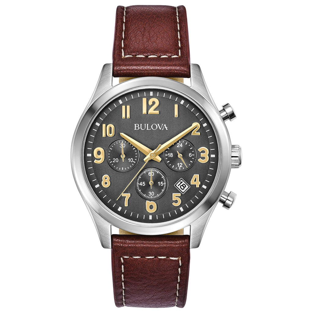 Bulova Men's Classic Stainless Steel 6-Hand Chronograph Quartz Leather Strap Watch with Grey Dial, Gold Accents, Arabic Markers, 41mm