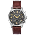 Bulova Men's Classic Stainless Steel 6-Hand Chronograph Quartz Leather Strap Watch with Grey Dial, Gold Accents, Arabic Markers, 41mm