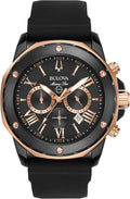Bulova Men's Marine Star Series A Black and Gold Ion-Plated Stainless Steel 6-Hand Chronograph Quartz Watch, Black Silicone Strap Style: 98B307