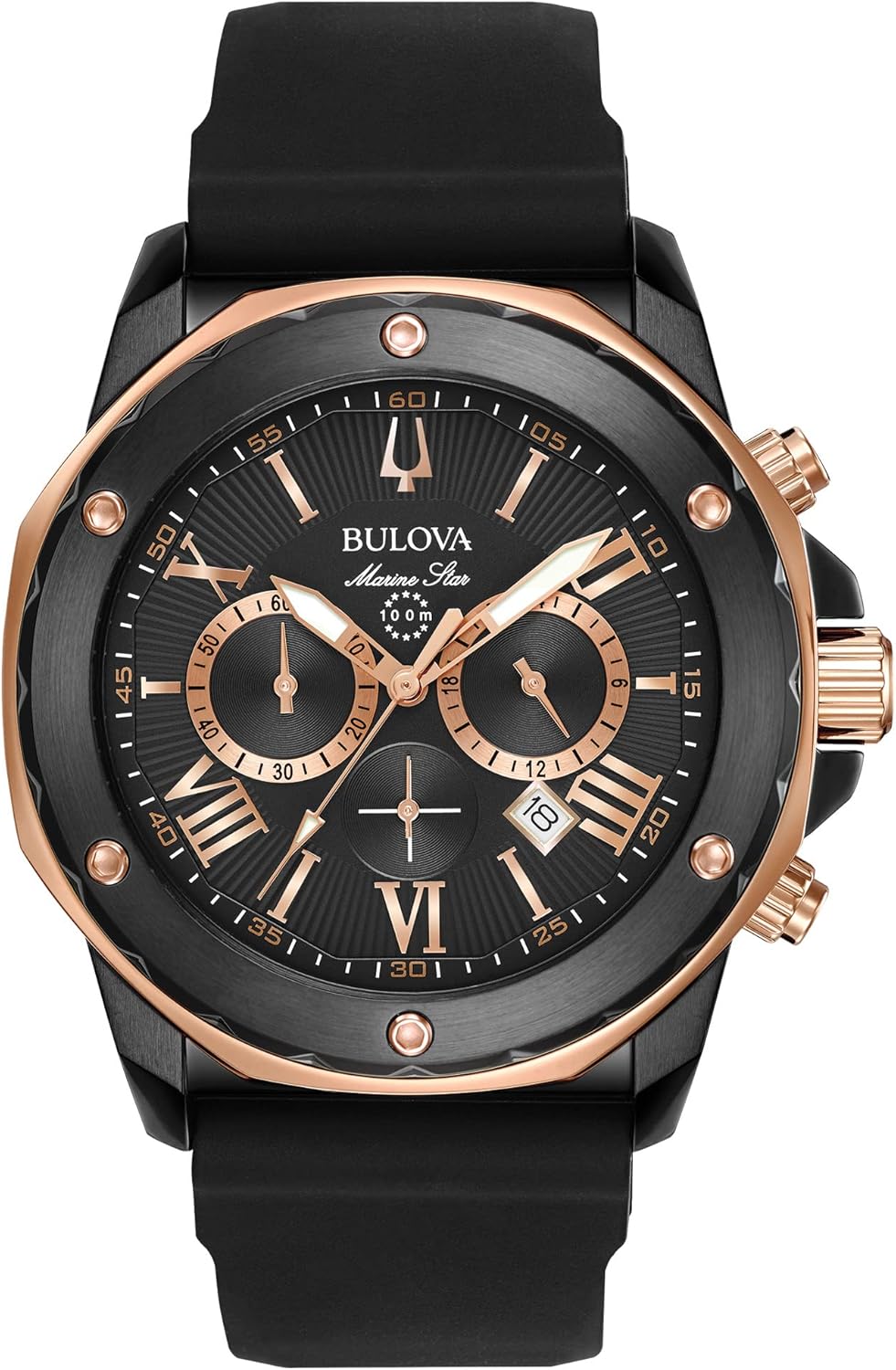 Bulova Men's Marine Star Series A Black and Gold Ion-Plated Stainless Steel 6-Hand Chronograph Quartz Watch, Black Silicone Strap Style: 98B307