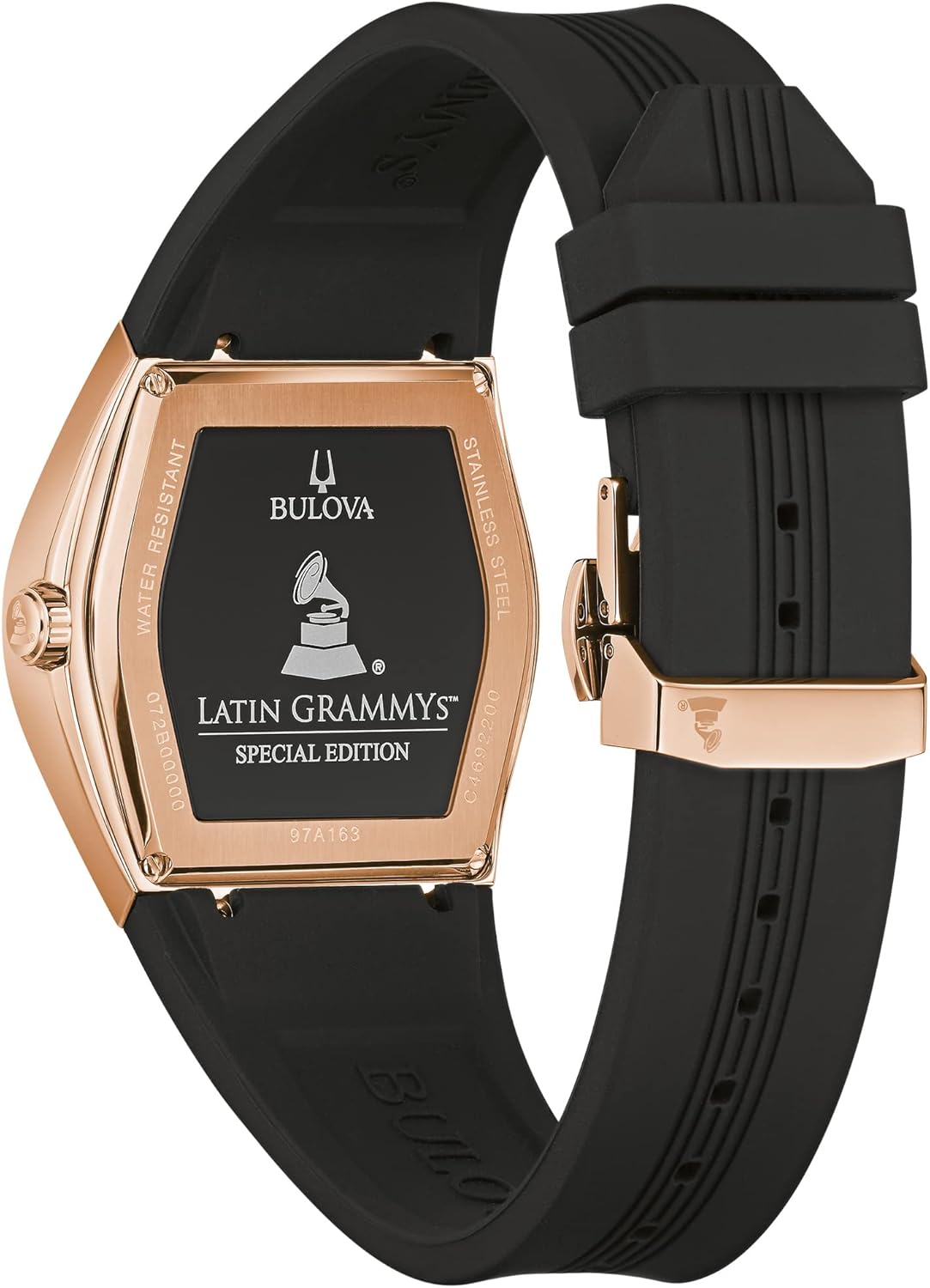 Bulova Latin Grammy Gemini Quartz Rose Gold Stainless Steel Accent with Curved Mineral Crystal and Black Silicone Strap Watch, Mens