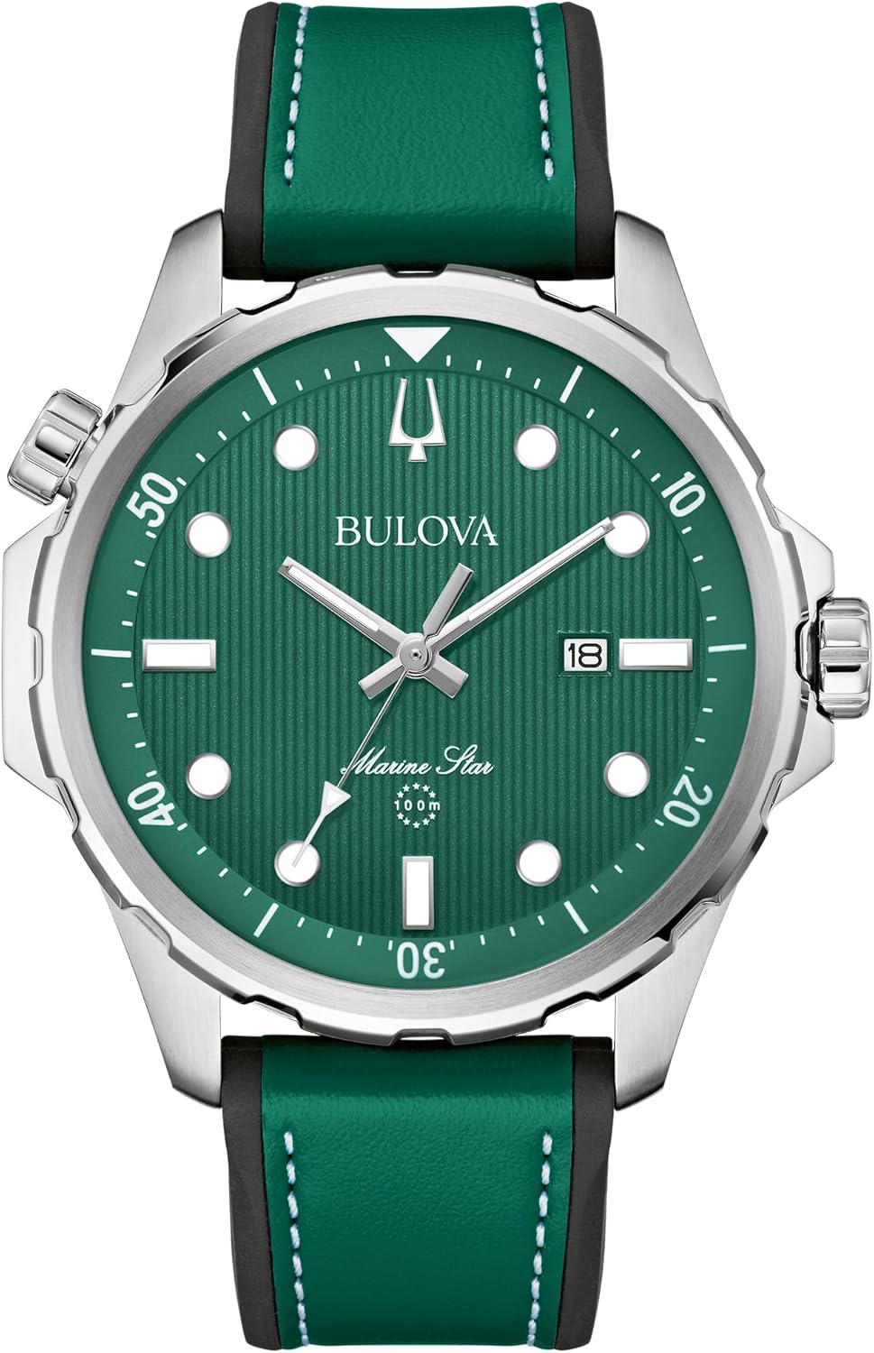Bulova Men's Marine Star Quartz Silver Stainless Steel Watch, Leather and Silicone Strap, 100M Water Resistant, 43mm