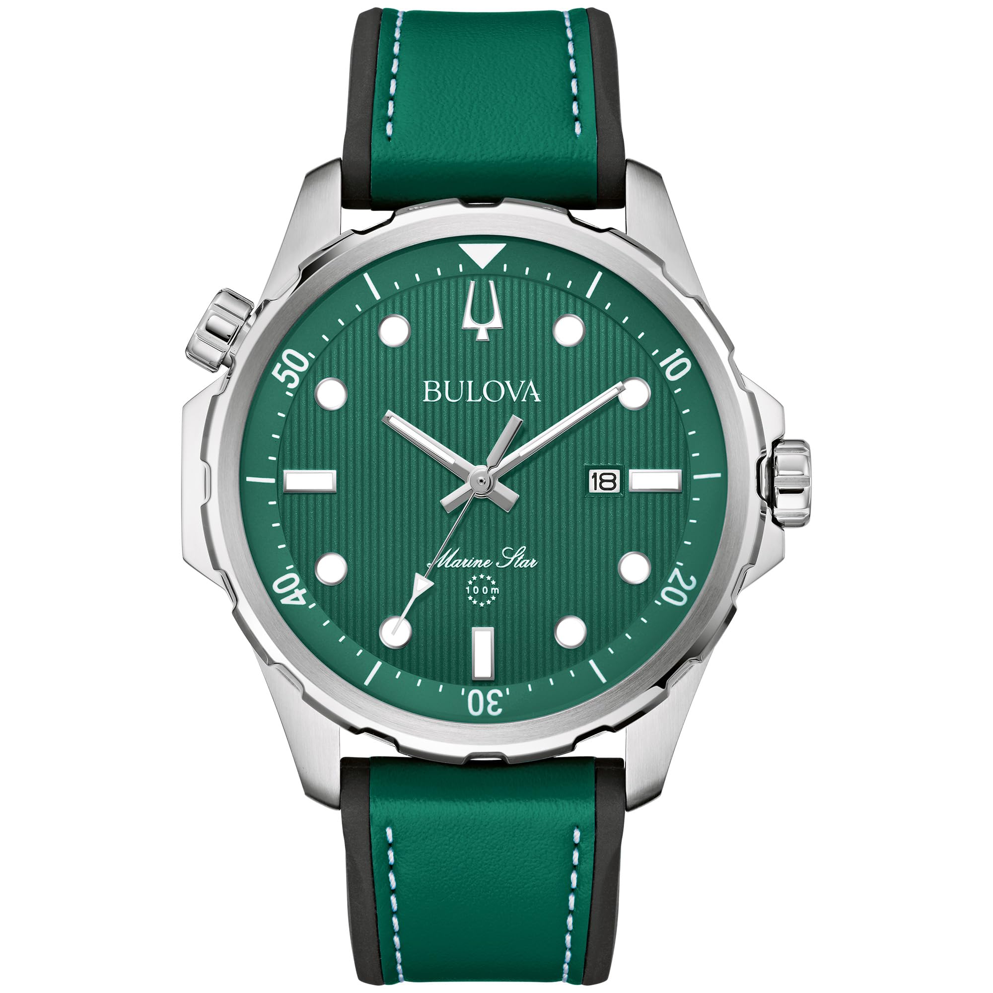 Bulova Men's Marine Star Quartz Silver Stainless Steel Watch, Leather and Silicone Strap, 100M Water Resistant, 43mm
