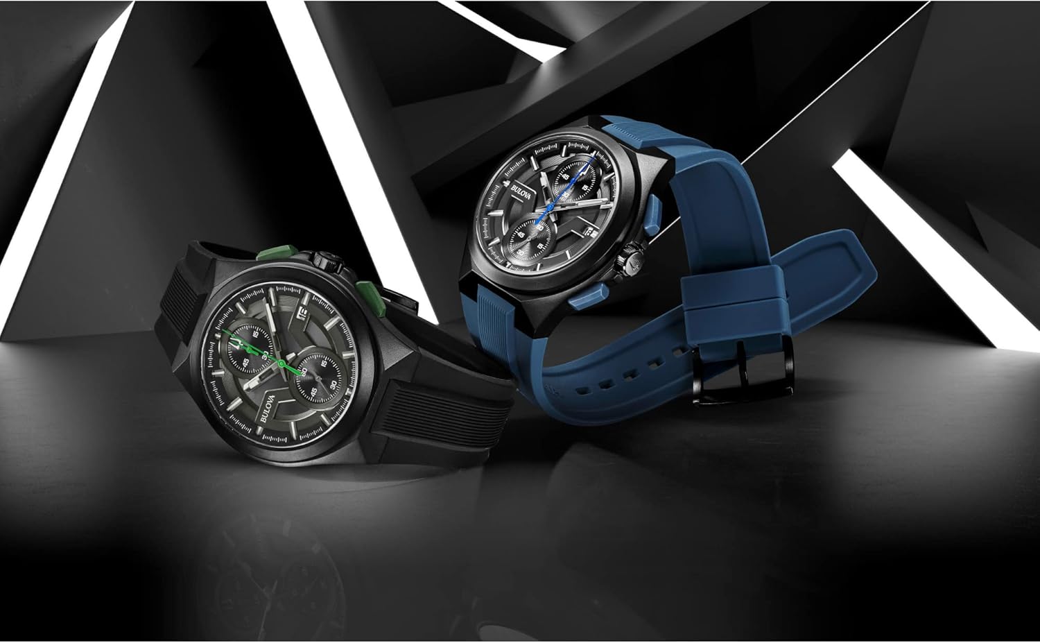 Bulova Men's Maquina Sport Black Ion-Plated Stainless Steel Case, 6-Hand Chronograph Quartz Watch with Matte Black Silicone Strap, Sapphire Crystal, Black Strap/ Green Accents