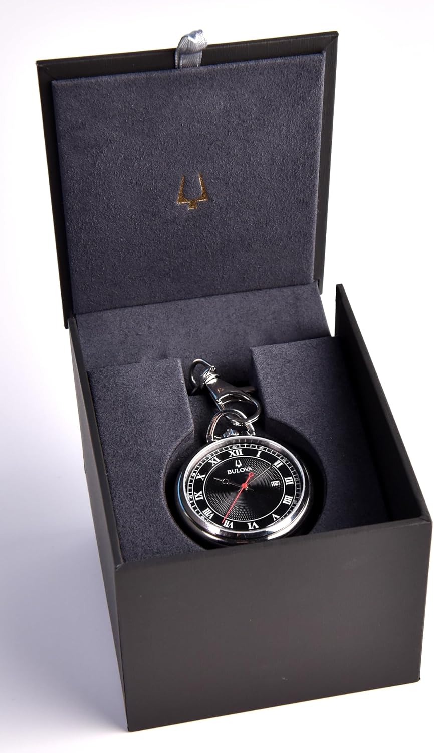 Bulova Classic Pocket Watch 3-Hand Date Quartz Stainless Steel, Black Dial with Detachable Chain Style: 96B308