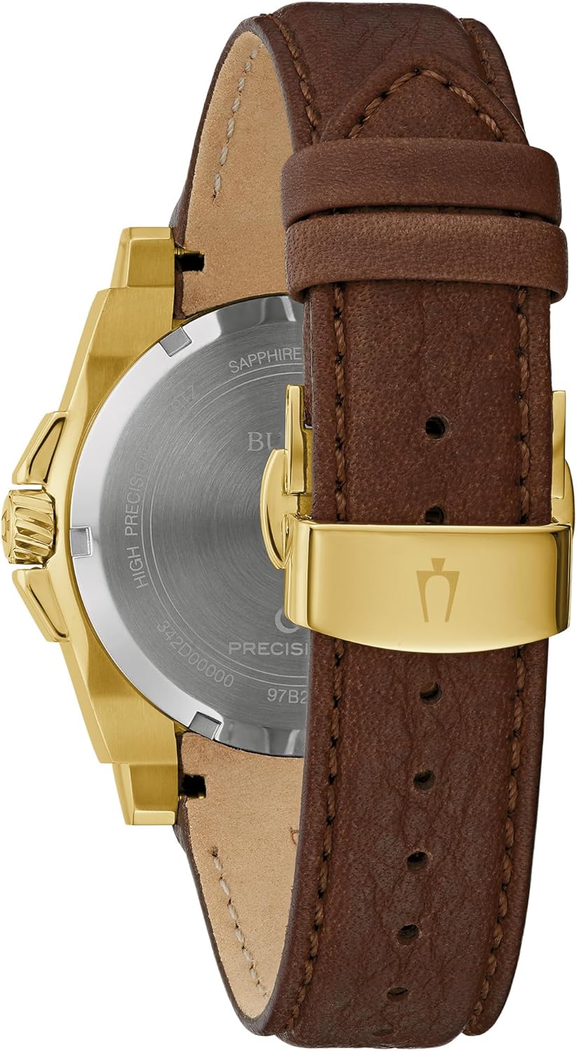 Bulova Men's Icon High Precisionist Quartz Gold Tone Stainless Steel Case 3-Hand Watch, Leather Brown Strap, Black Dial Style:97B216