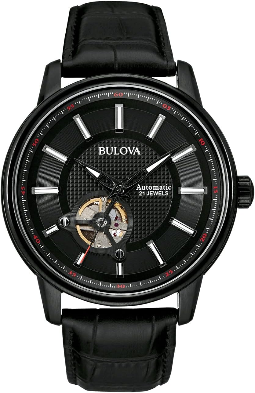 Bulova Men's Classic 3-Hand Automatic Leather Strap Watch, 21-Jewels, Hack Feature, Luminous Hands and Markers,Open Aperture and Exhibition Case Back