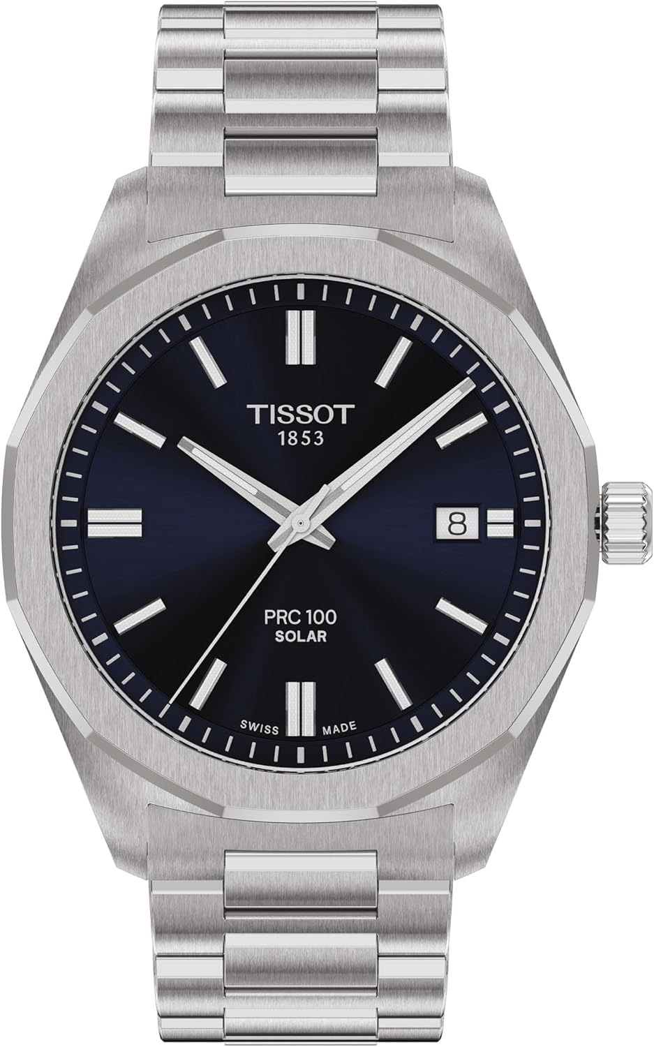 Tissot PRC 100 Solar, Blue Dial, 39mm Watch for Men, Silver Stainless Steel Bracelet, Solar Quartz Movement, T1514221104100
