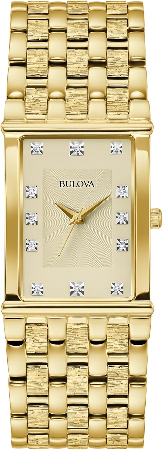 Bulova Men's Classic Gold Tone Stainless Steel 3-Hand Date Quartz Watch, Diamond Dial Style: 97F52