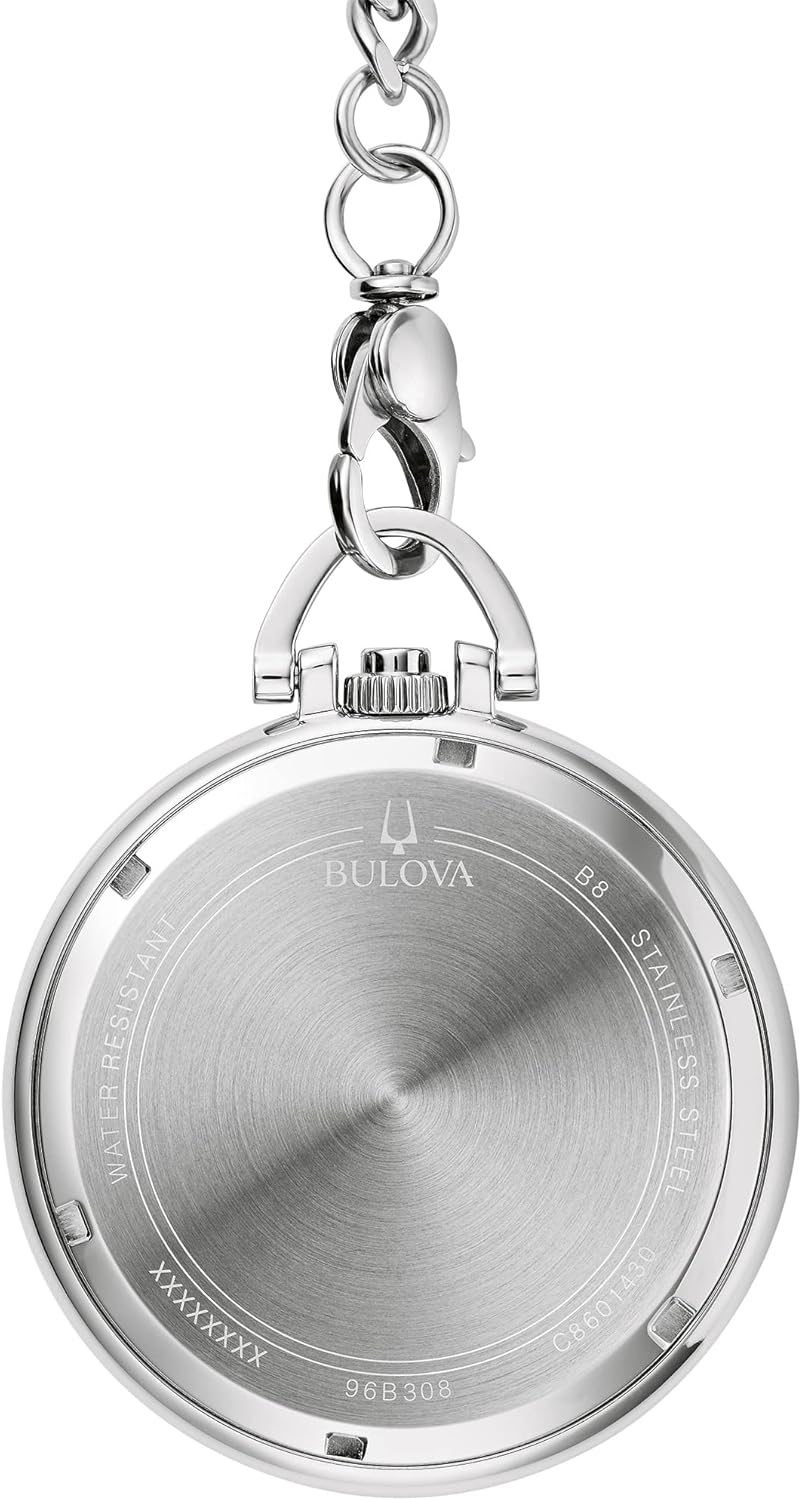 Bulova Classic Pocket Watch 3-Hand Date Quartz Stainless Steel, Black Dial with Detachable Chain Style: 96B308