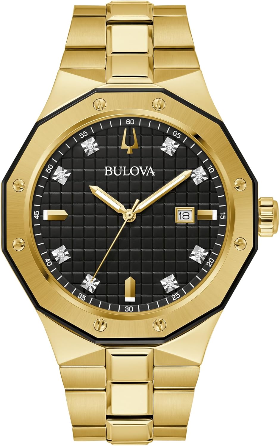 Bulova Men's Classic Stainless Steel 3-Hand Date Quartz Watch with Diamonds and Day Date, 44mm