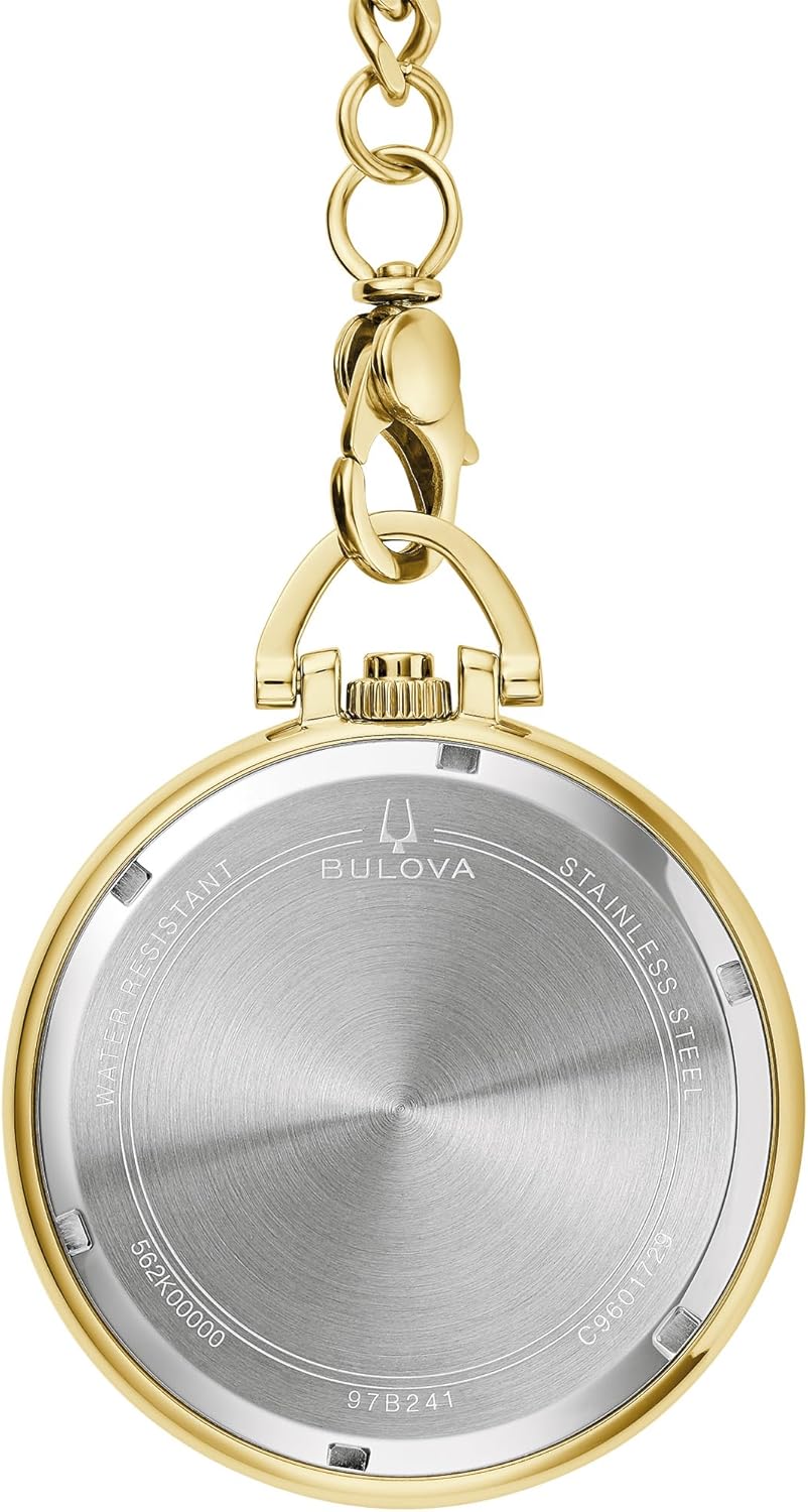 Bulova Classic Pocket Watch 3-Hand Date Quartz Gold Stainless Steel, White Dial with Detachable Chain Style: 97B241