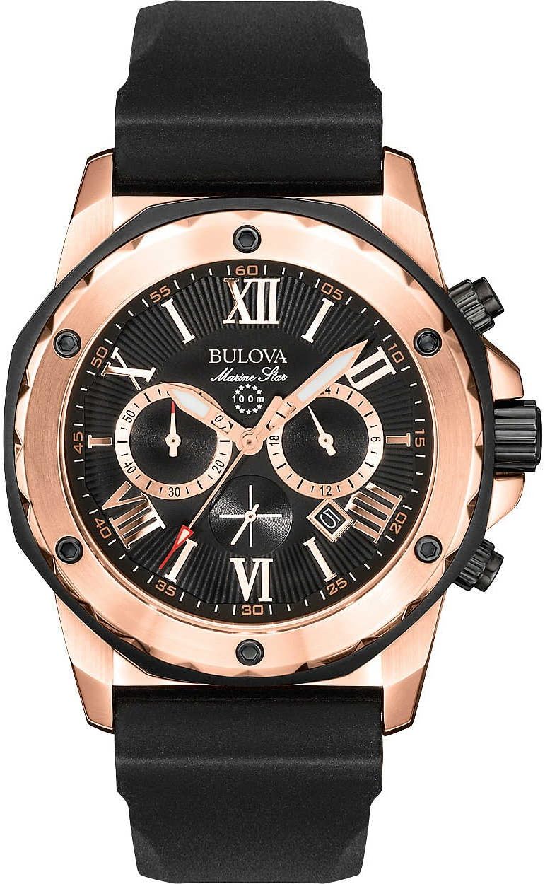 Bulova Men's Marine Star Series A Rose Gold Stainless Steel 6-Hand Chronograph Quartz Watch, Black Silicone Strap Style: 98B104