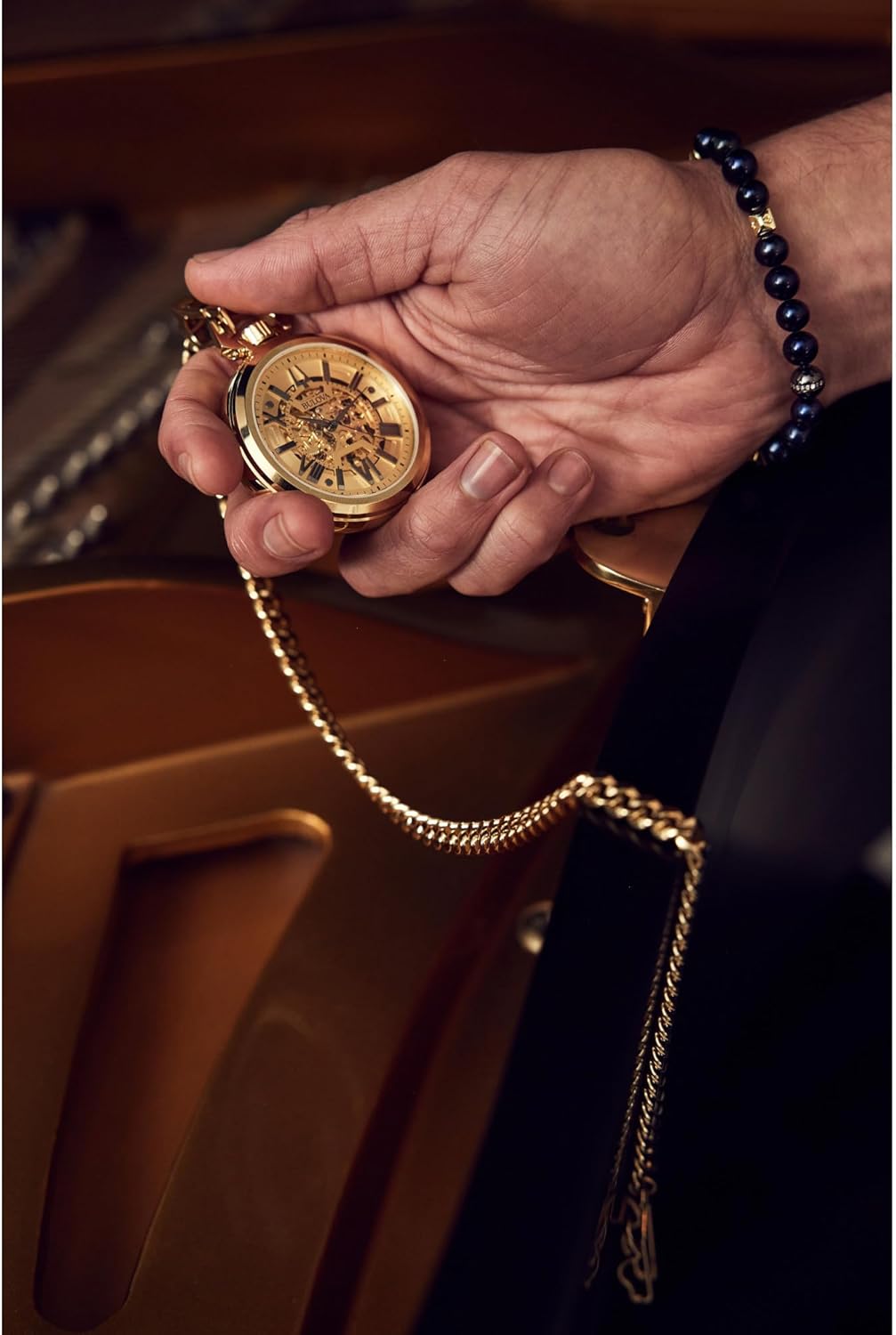 Bulova Classic Sutton Automatic Pocket Watch 3-Hand Date Stainless Steel, Full Skeleton, Gold Dial with Stainless Chain Style: 97A178