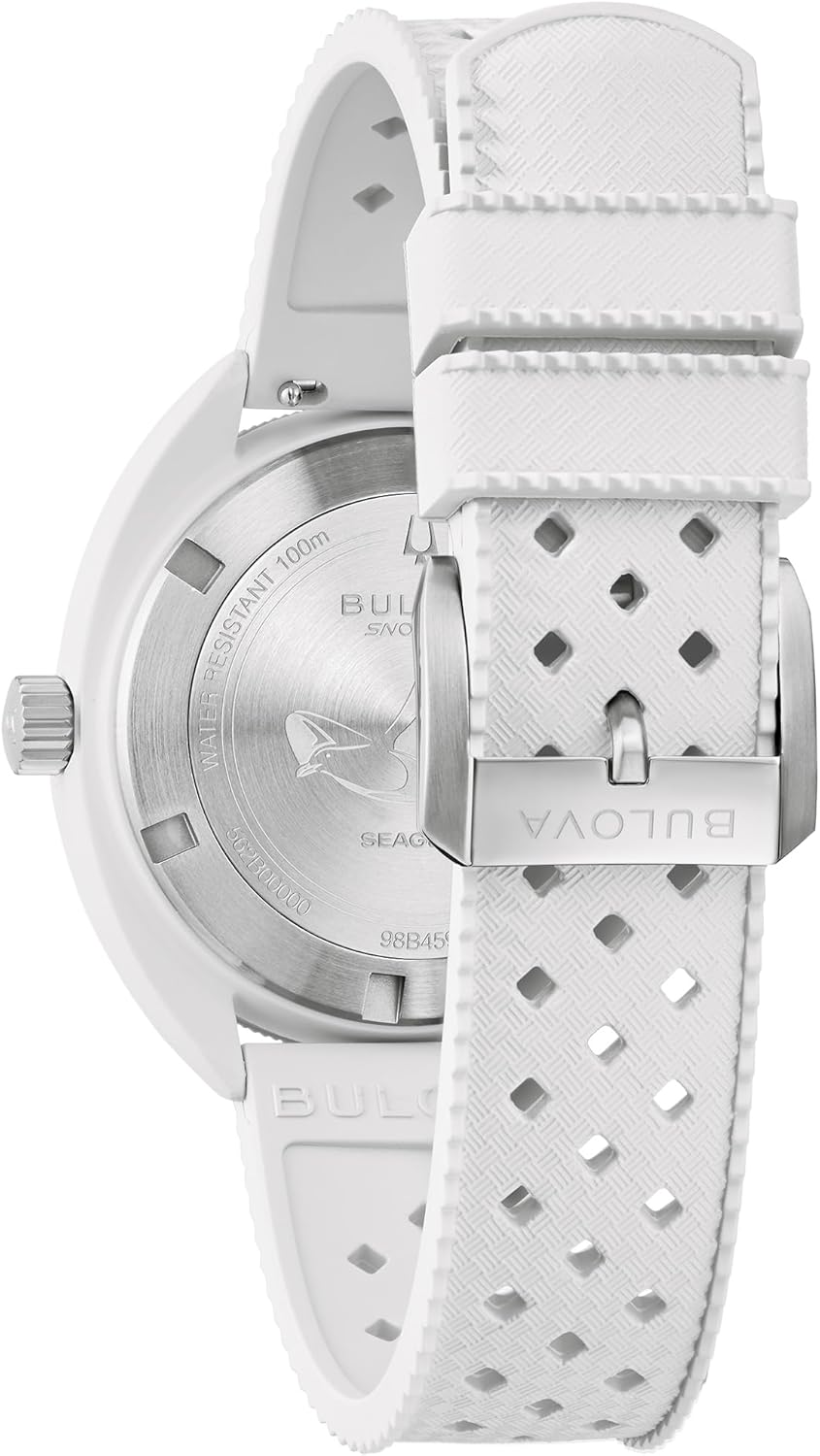 Bulova Oceanographer Snorkel Amazon Exclusive Ceramic Case and White Perforated Rubber Strap Watch, Day Date 100M WR