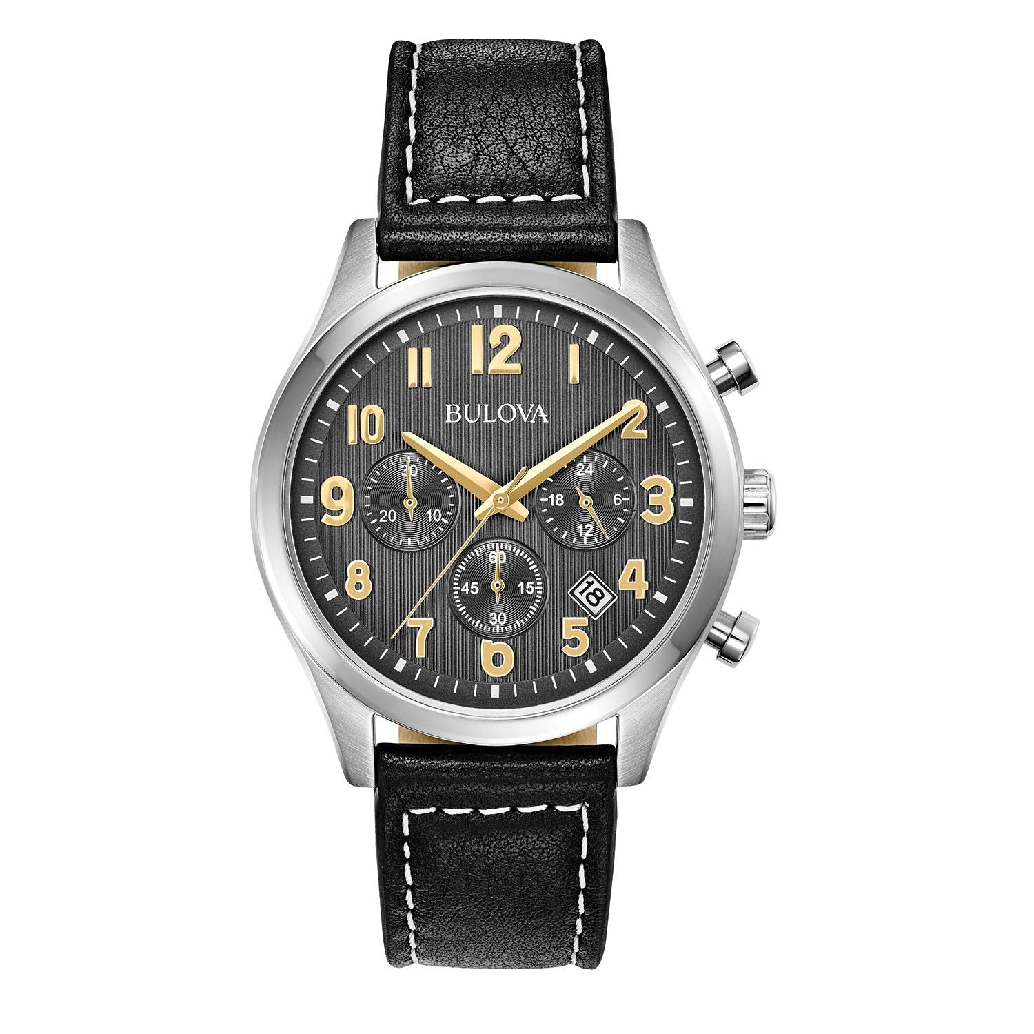 Bulova Men's Classic Stainless Steel 6-Hand Chronograph Quartz Leather Strap Watch with Grey Dial, Gold Accents, Arabic Markers, 41mm