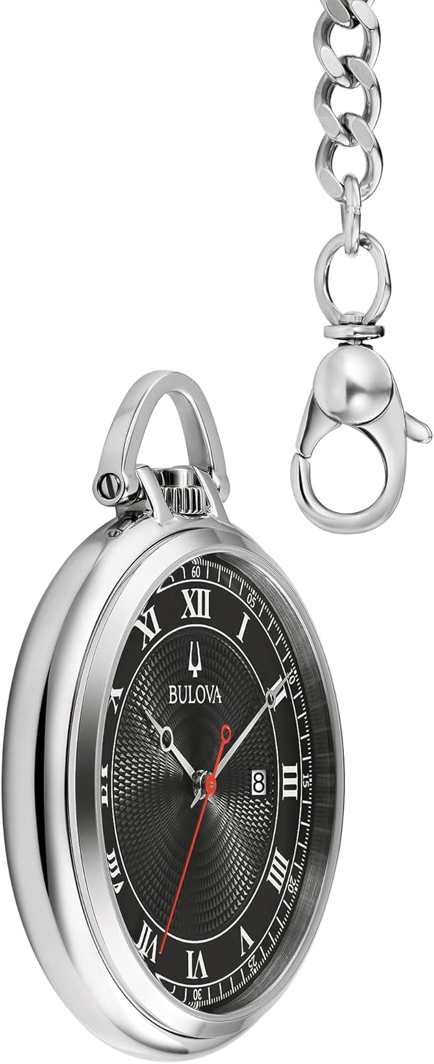 Bulova Classic Pocket Watch 3-Hand Date Quartz Stainless Steel, Black Dial with Detachable Chain Style: 96B308