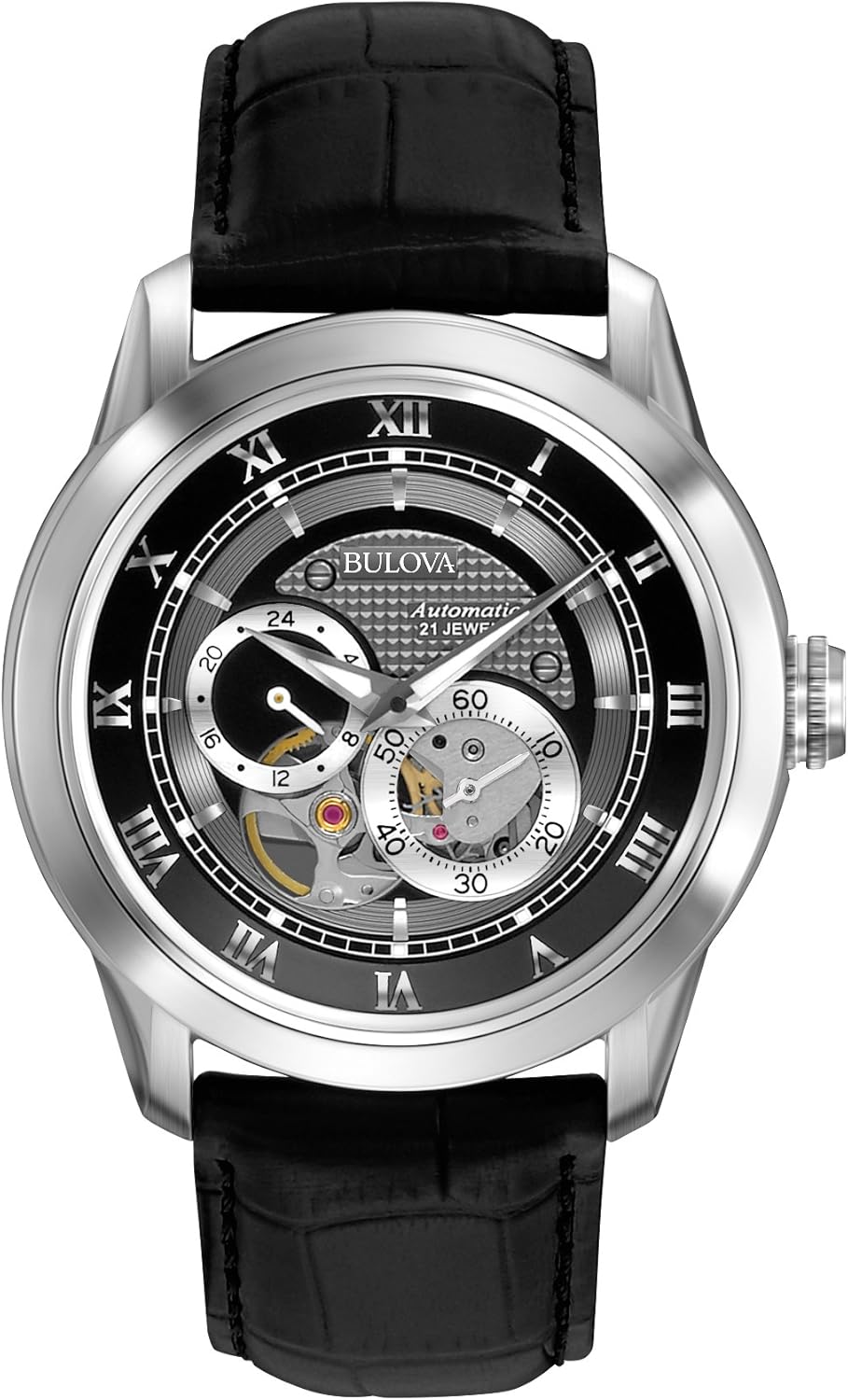 Bulova Men's Classic Sutton 4-Hand Automatic Watch, 24-Hour Sub Dial, Open Aperture, Self-Winding, Exhibition Caseback, Double Curved Mineral Crystal, Luminous Hands, 42mm