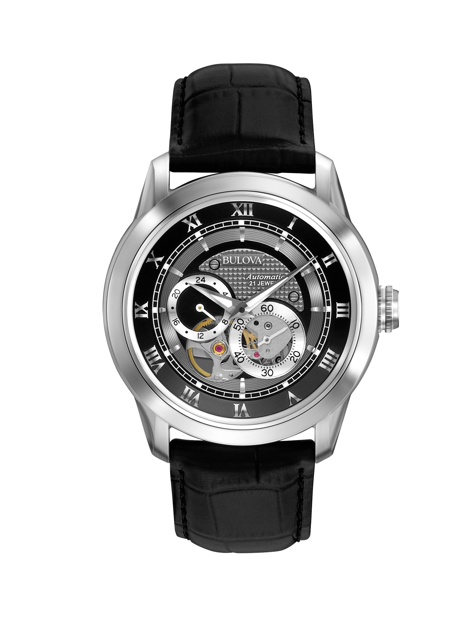 Bulova Men's Classic Sutton 4-Hand Automatic Watch, 24-Hour Sub Dial, Open Aperture, Self-Winding, Exhibition Caseback, Double Curved Mineral Crystal, Luminous Hands, 42mm