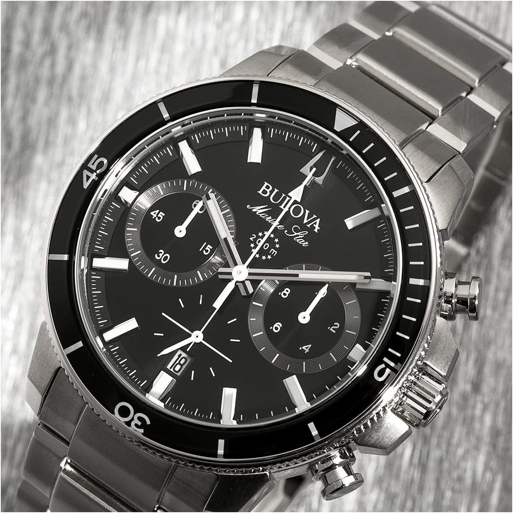 Bulova Men's Marine Star Series C Stainless Steel 6-Hand Chronograph Quartz Watch, Black Dial Style: 96B272