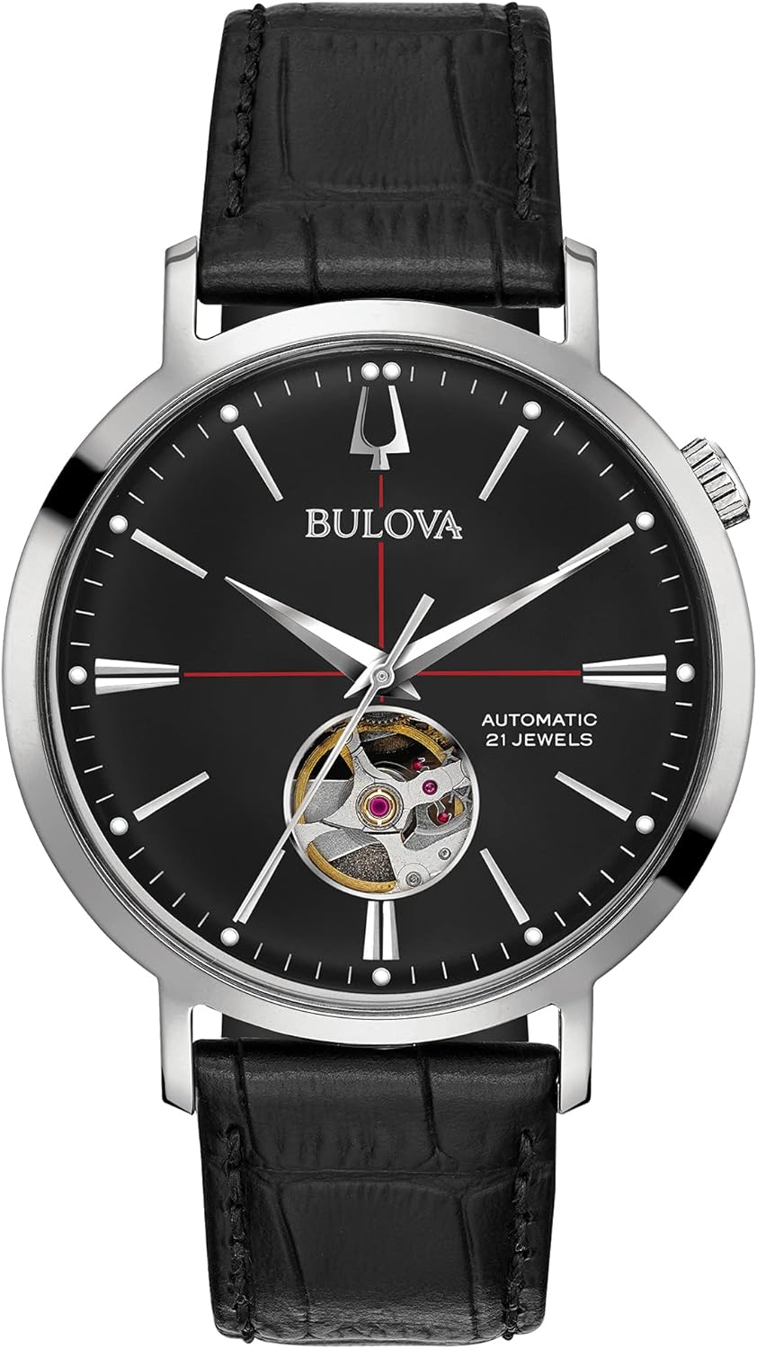 Bulova Men's Classic Aerojet 3-Hand Automatic Leather Strap Watch, Open Aperture, 40-Hour Power Reserve, Double Curved Mineral Crystal, 41mm