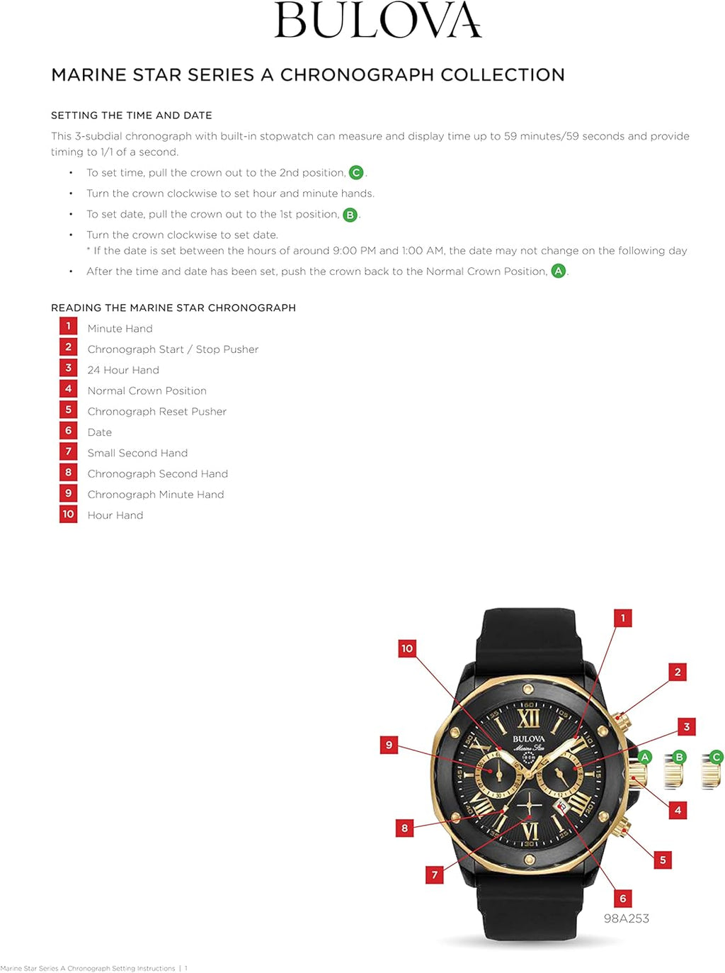 Bulova Men's Marine Star Series A Black and Gold Ion-Plated Stainless Steel 6-Hand Chronograph Quartz Watch, Black Silicone Strap Style: 98B307