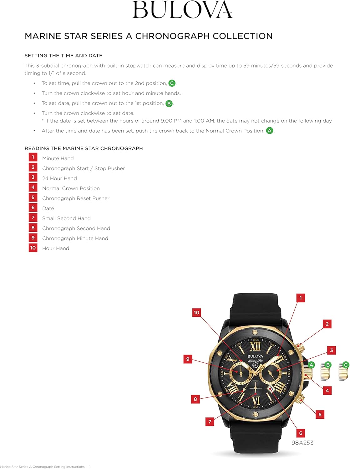 Bulova Men's Marine Star Series A Black and Gold Ion-Plated Stainless Steel 6-Hand Chronograph Quartz Watch, Black Silicone Strap Style: 98B307