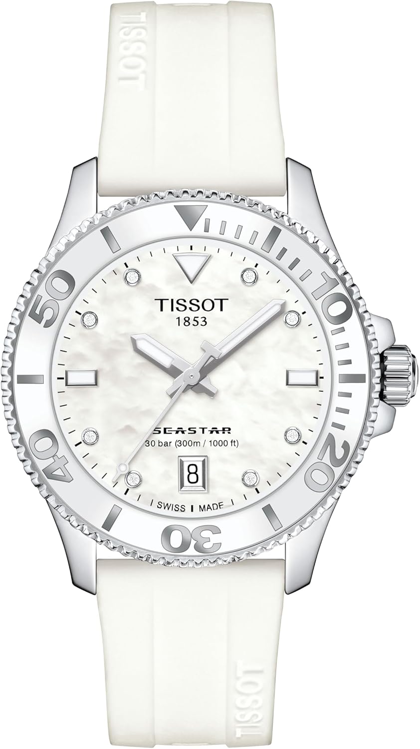 Tissot Seastar 1000, Swiss Quartz Watch for Women, White Mother of Pearl Dial and Silicone Strap, 36mm, T1202101711600