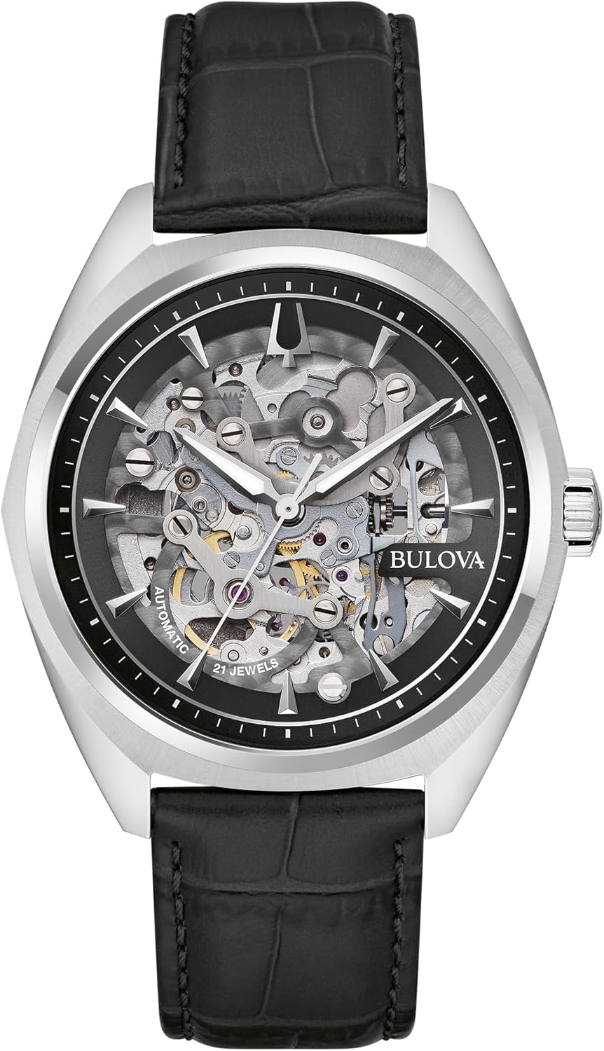 Bulova Men's Automatic Dress Classic Surveyor Watch, Black Leather Strap, Full Skeleton Dial, 42 Hour Power Reserve, 41mm