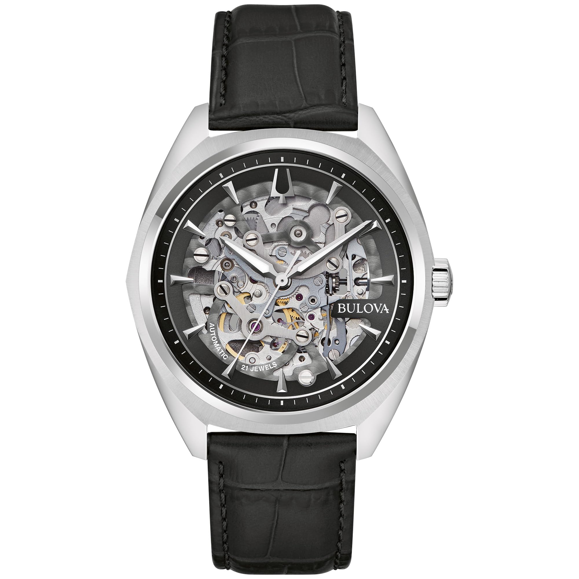 Bulova Men's Automatic Dress Classic Surveyor Watch, Black Leather Strap, Full Skeleton Dial, 42 Hour Power Reserve, 41mm