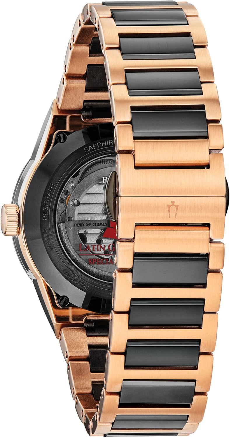Bulova Latin Grammy Modern Millenia Automatic Two-Tone Stainless Steel Watch,Open Heartbeat Aperture,Exhibition Case Back,Black Dial, (Model:98A236)