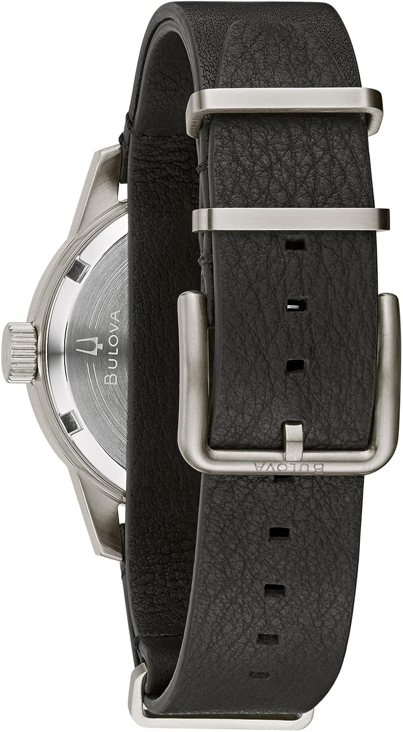 Bulova Men's Military Heritage Hack Stainless Steel 3-Hand Automatic Watch, NATO Leather Strap, Luminous Hands and Markers, Black Leather/Ivory Dial