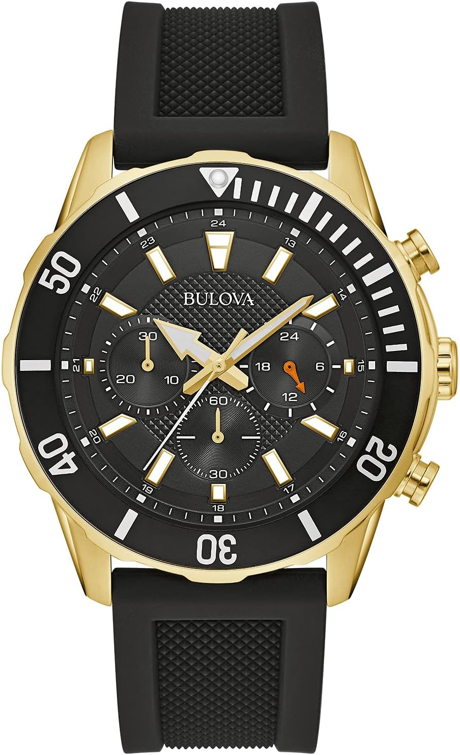 Bulova Men's Sport 6-Hand Chronograph Quartz Watch with Black Silicone Strap, 24 Hour Time, Calendar Date, Luminous Hands and Markers, 100M Water Resistant, 44mm