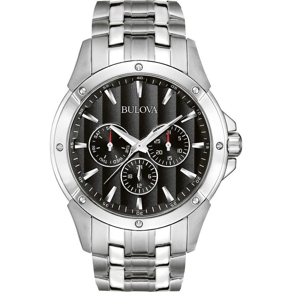 Bulova Men's Classic Dress 6-Hand Multi-Function Day/Date Quartz Watch, Black Patterned Dial, 43mm