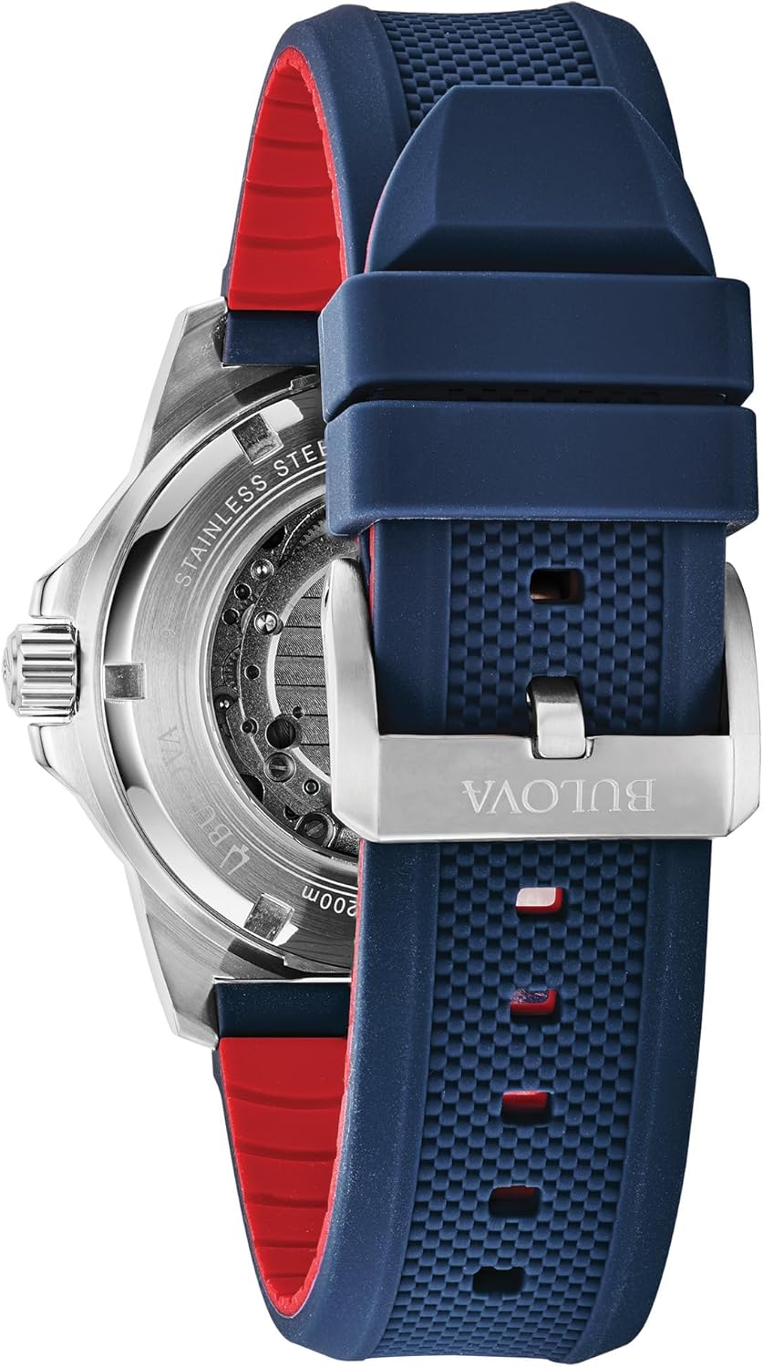 Bulova Men's Marine Star 'Series A' Automatic Stainless Steel Case with Blue Textured Silicone Strap, Open Aperture, Silver White Dial Model: 98A225