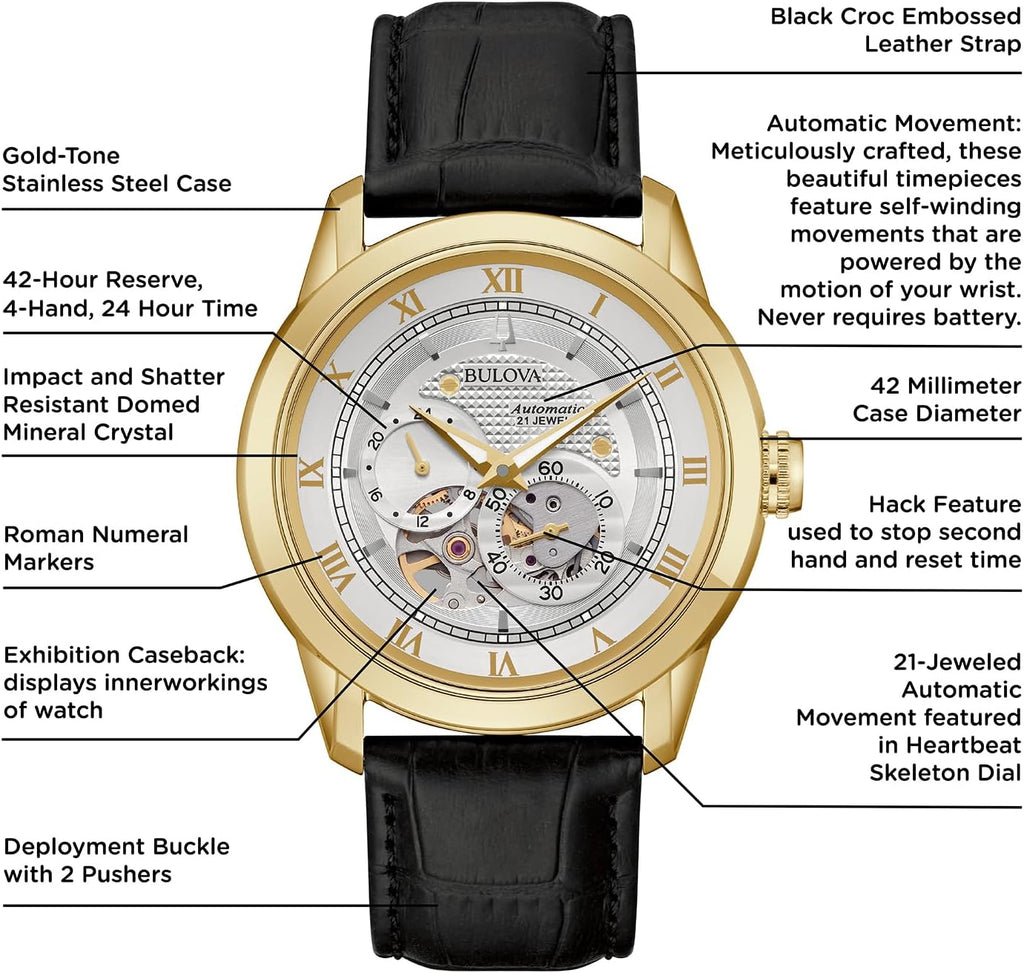Bulova Men's Classic Sutton 4-Hand Automatic Watch, 24-Hour Sub Dial, Open Aperture, Self-Winding, Exhibition Caseback, Double Curved Mineral Crystal, Luminous Hands, 42mm