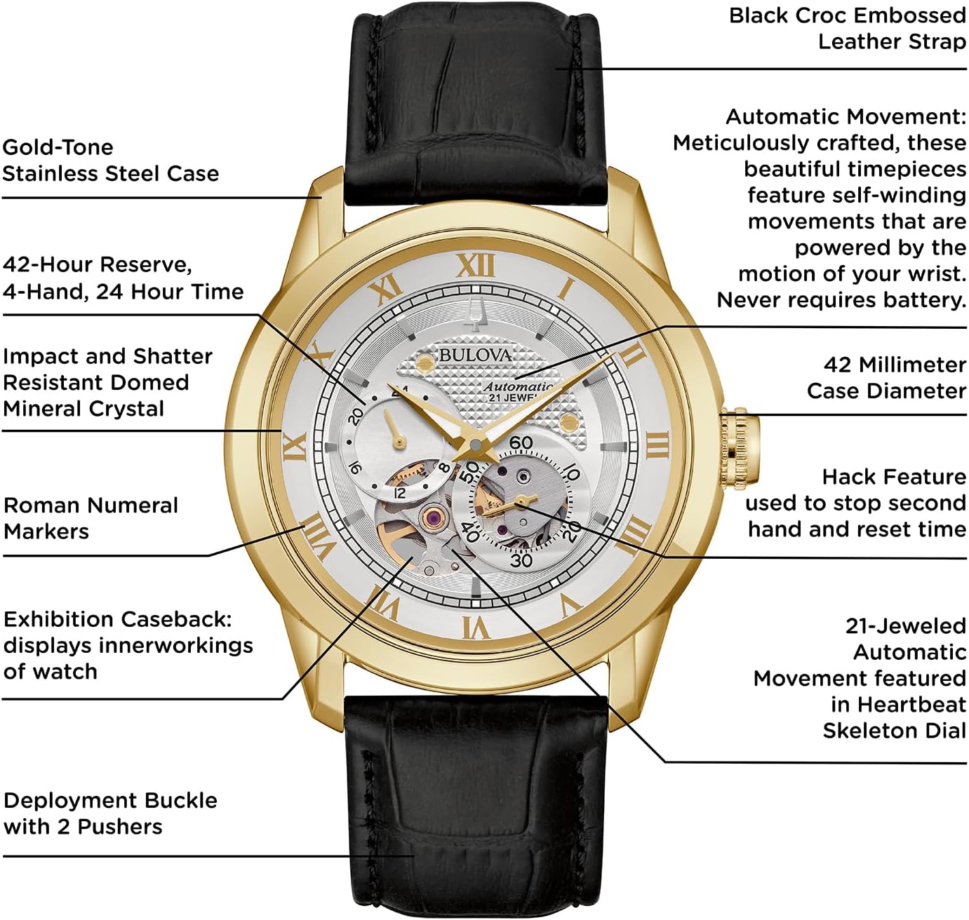 Bulova Men's Classic Sutton 4-Hand Automatic Watch, 24-Hour Sub Dial, Open Aperture, Self-Winding, Exhibition Caseback, Double Curved Mineral Crystal, Luminous Hands, 42mm