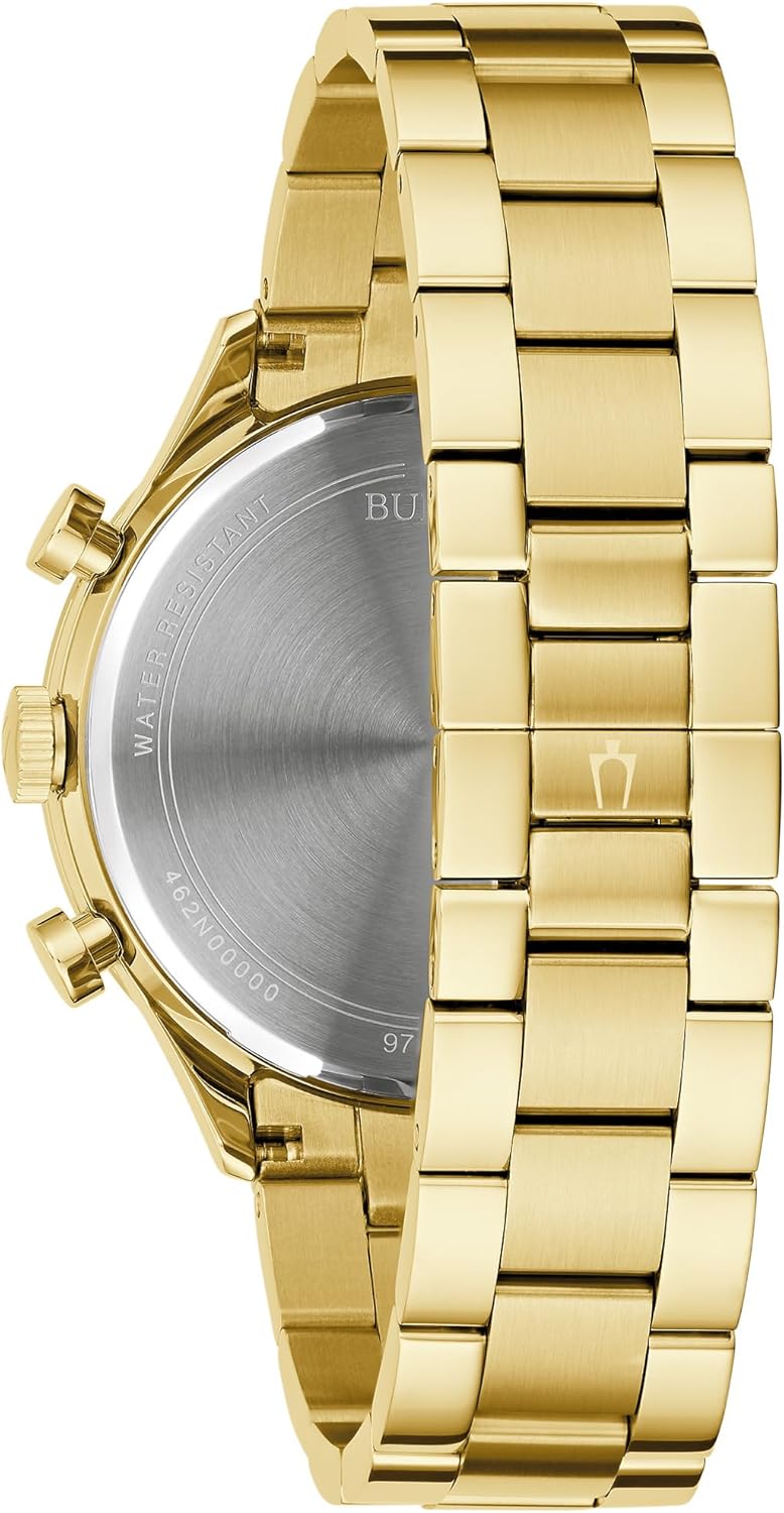Bulova Men's Classic 6-Hand Chronograph Quartz Gold Stainless Steel Watch, 24 Hour Time, Luminous Hands, 43mm, Style:97A190