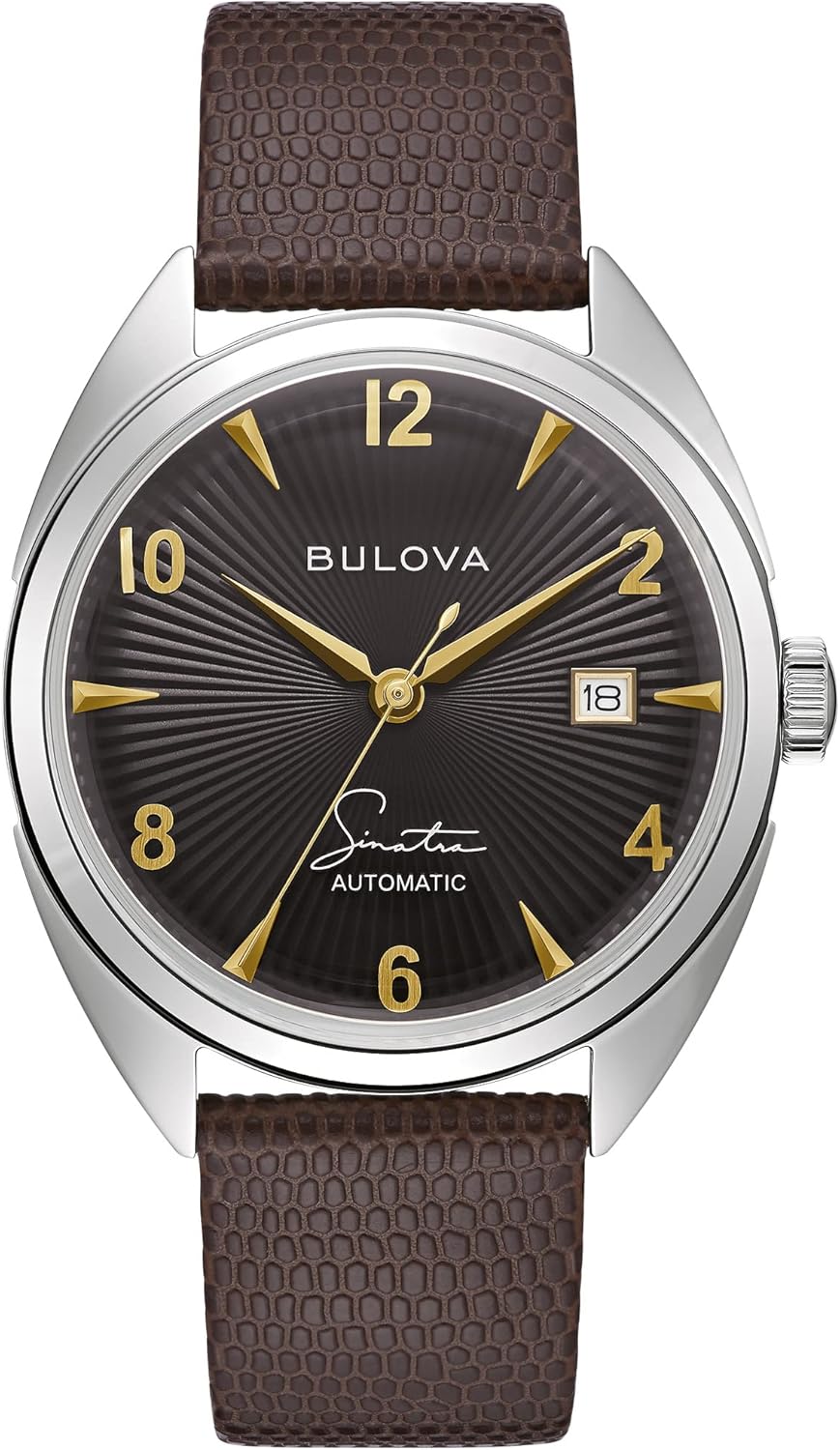 Bulova Men's Frank Sinatra 'Fly Me to The Moon' Automatic Stainless Steel Case Watch, Textured Leather Strap, 42 Hour Power Reserve, 3 Hand