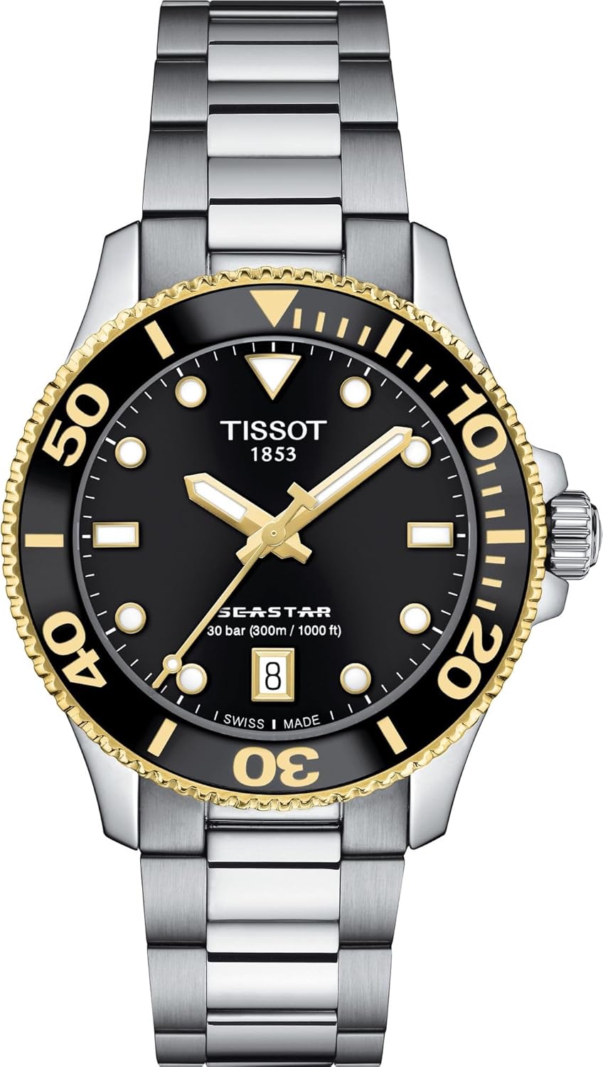 Tissot Unisex Tissot Seastar 1000 36mm 316L Stainless Steel case with Yellow Gold PVD Coating Quartz Watch, Grey, Stainless Steel, 18 (T1202102105100)